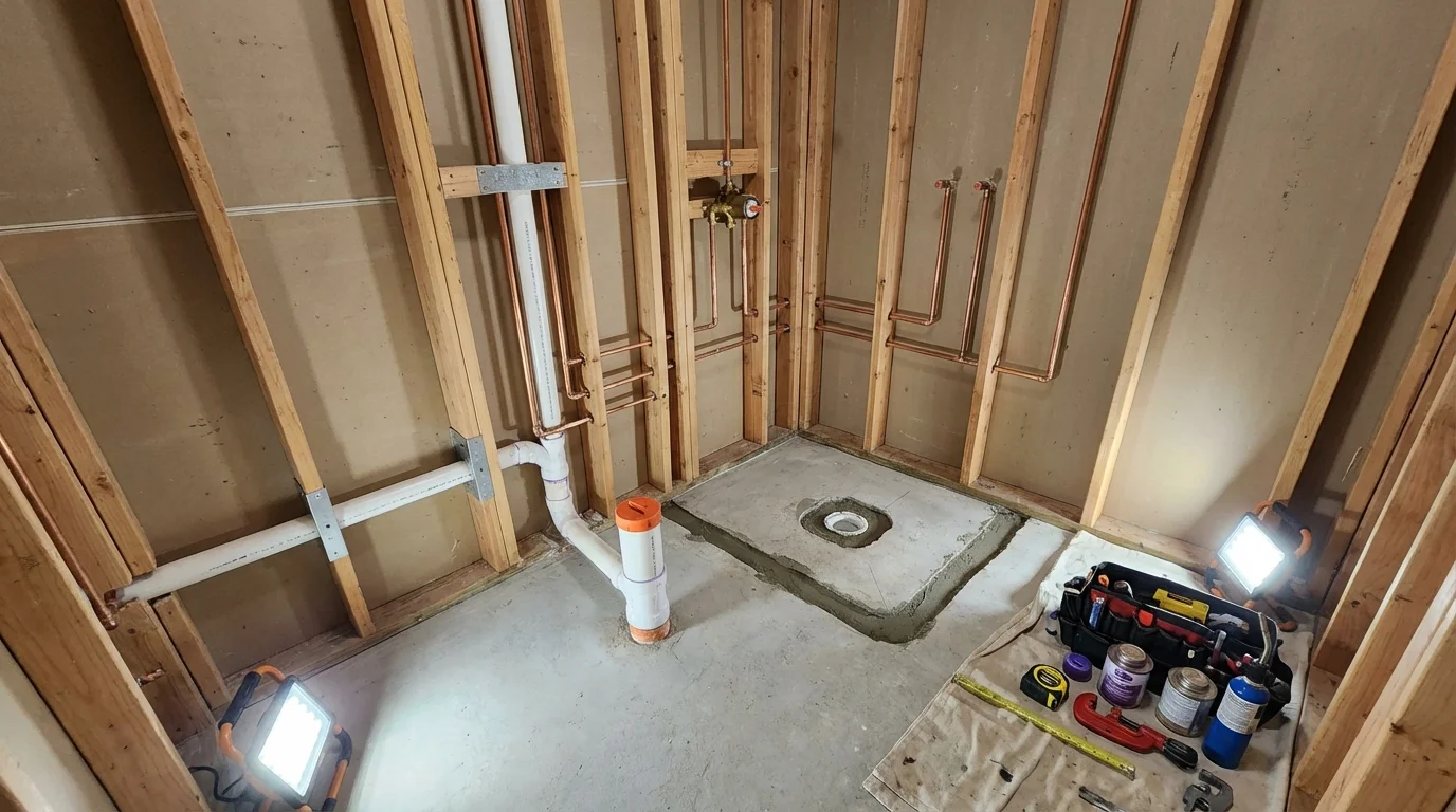 Bathroom rough-in plumbing during remodel by Johns Plumbing LLC in Ixonia