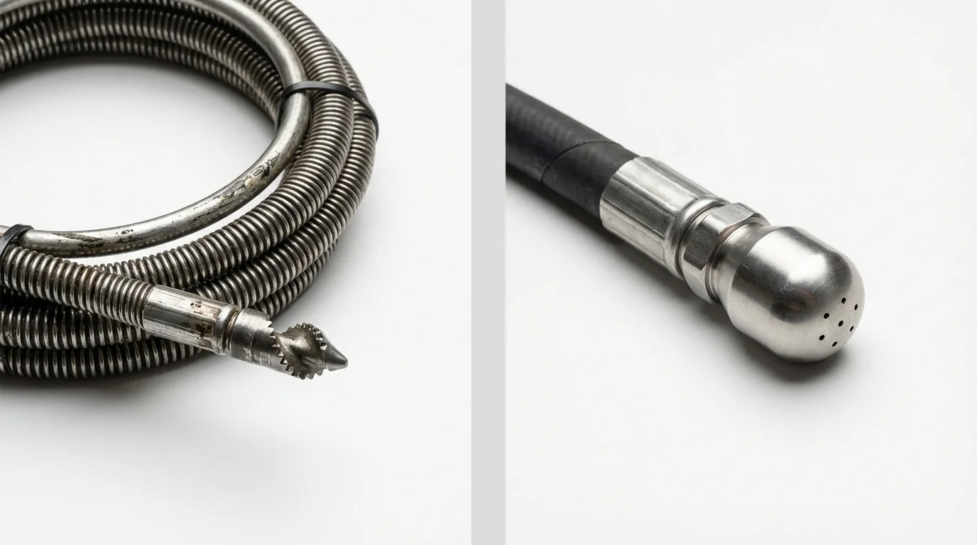Drain snake cable and hydro jetting nozzle used for drain cleaning in Ixonia, WI