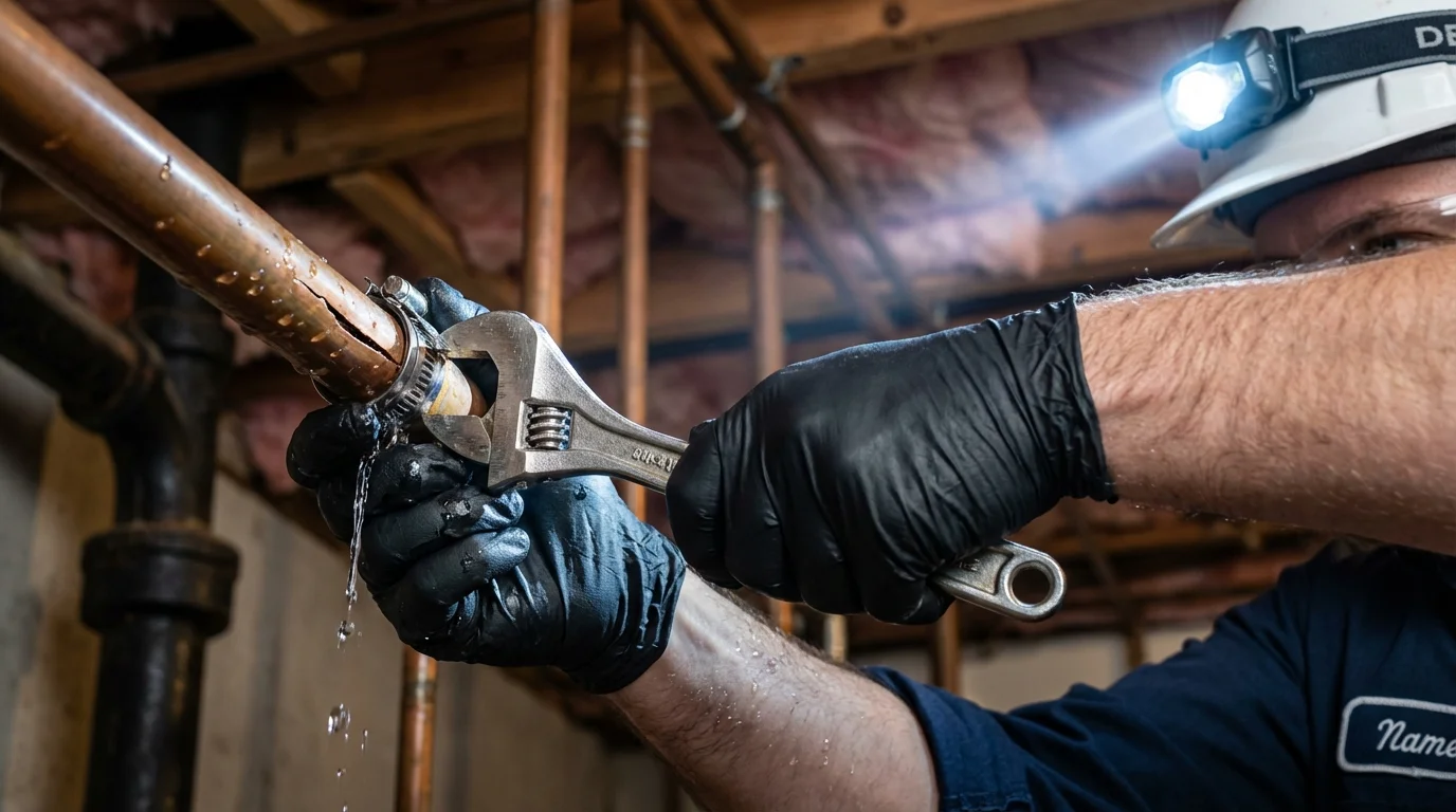Emergency pipe clamp repair being performed by a Johns Plumbing LLC plumber in Ixonia
