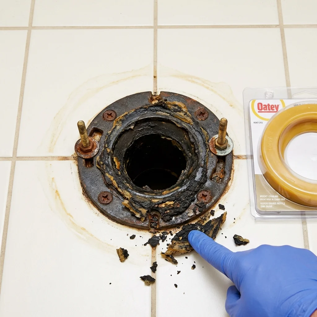 Failed wax ring showing water seepage at the base of a toilet in a Ixonia, WI home