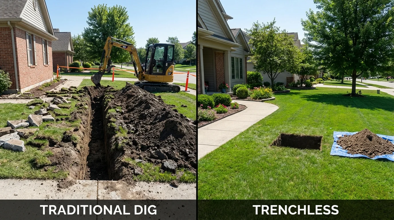 Trenchless sewer repair with minimal yard damage versus traditional excavation in Ixonia, WI